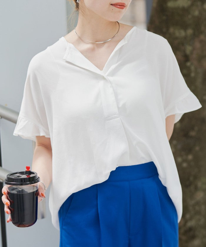【接触冷感】袖フリルスキッパーブラウス OFF WHITE