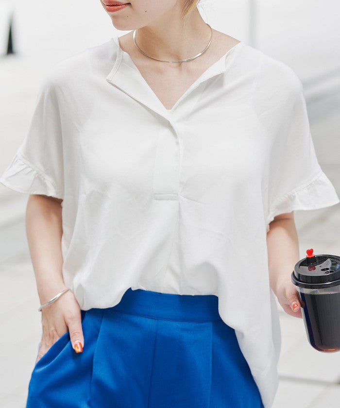 【接触冷感】袖フリルスキッパーブラウス OFF WHITE