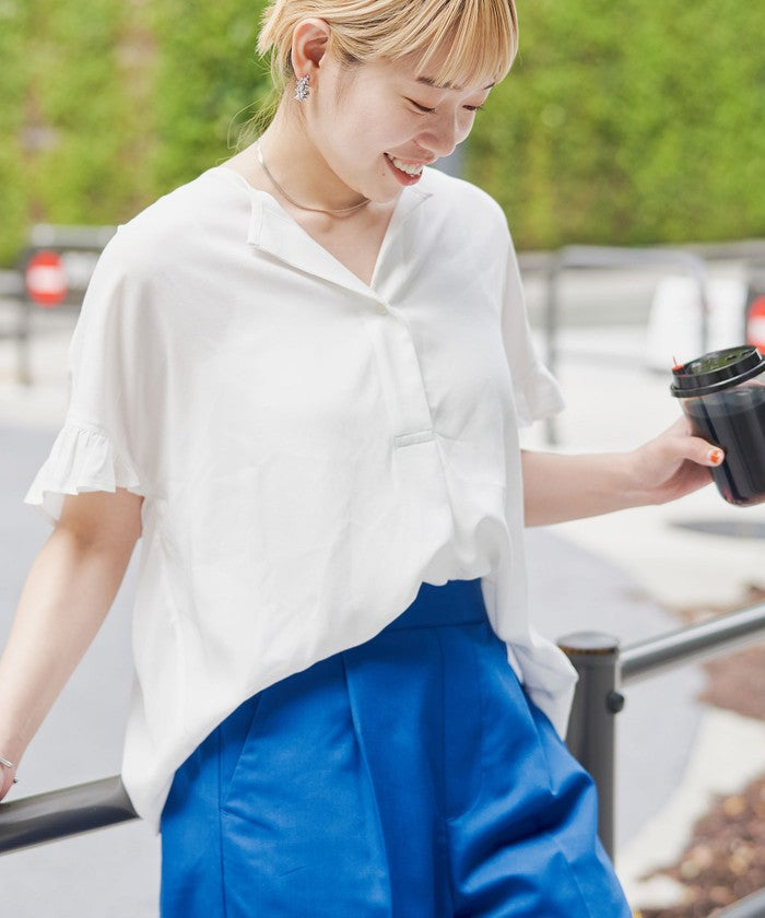 【接触冷感】袖フリルスキッパーブラウス OFF WHITE