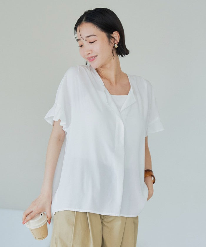 【接触冷感】袖フリルスキッパーブラウス OFF WHITE