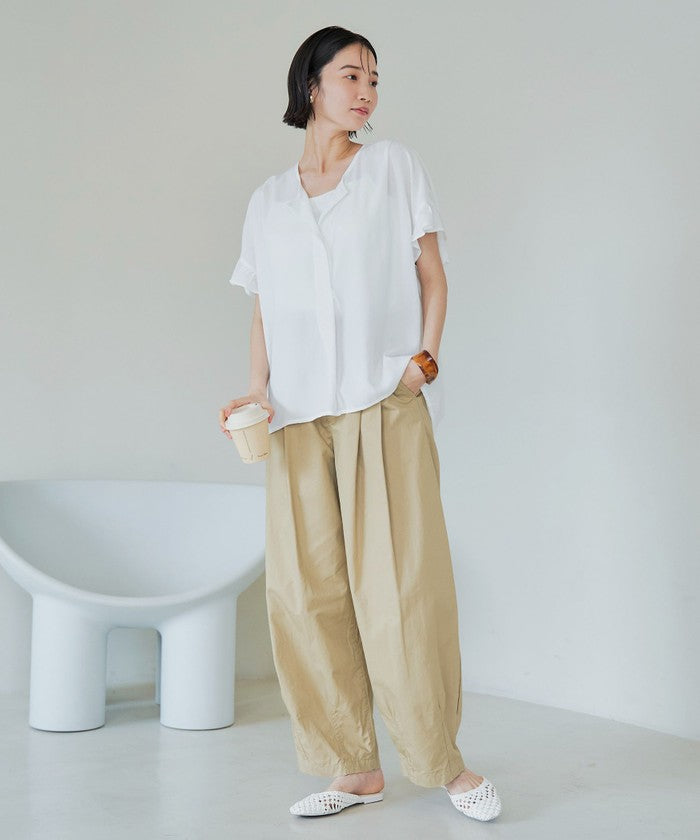 【接触冷感】袖フリルスキッパーブラウス OFF WHITE