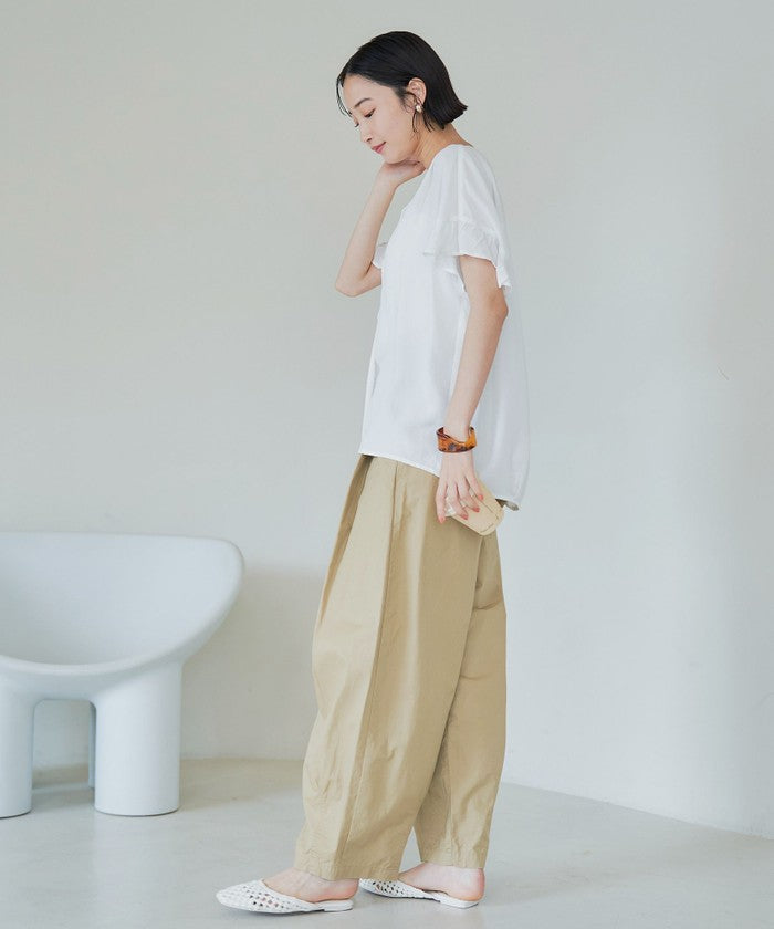 【接触冷感】袖フリルスキッパーブラウス OFF WHITE