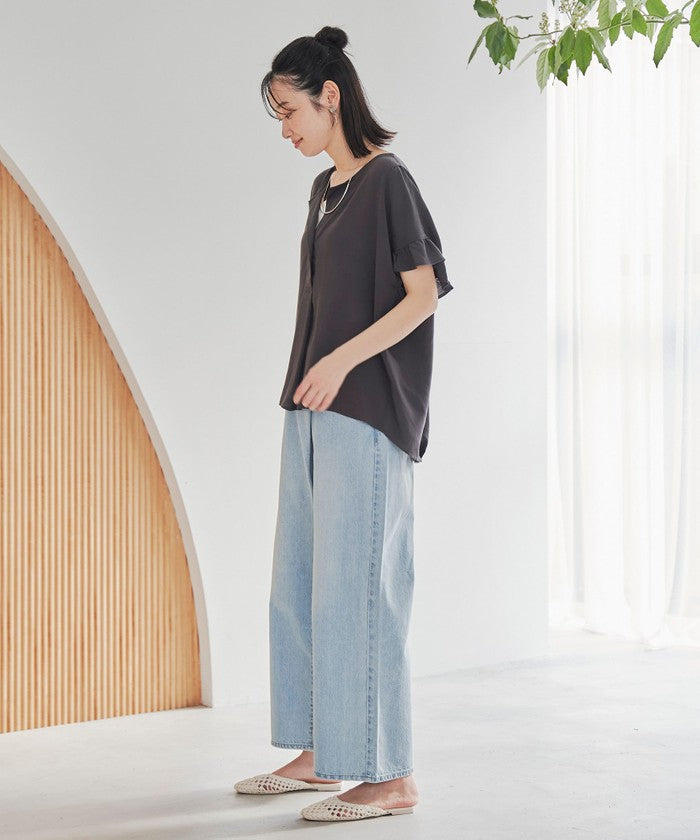 【接触冷感】袖フリルスキッパーブラウス OFF WHITE