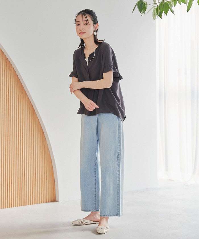 【接触冷感】袖フリルスキッパーブラウス OFF WHITE