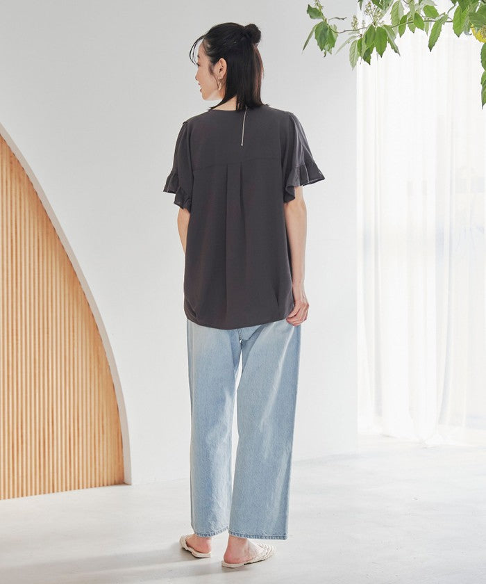【接触冷感】袖フリルスキッパーブラウス OFF WHITE