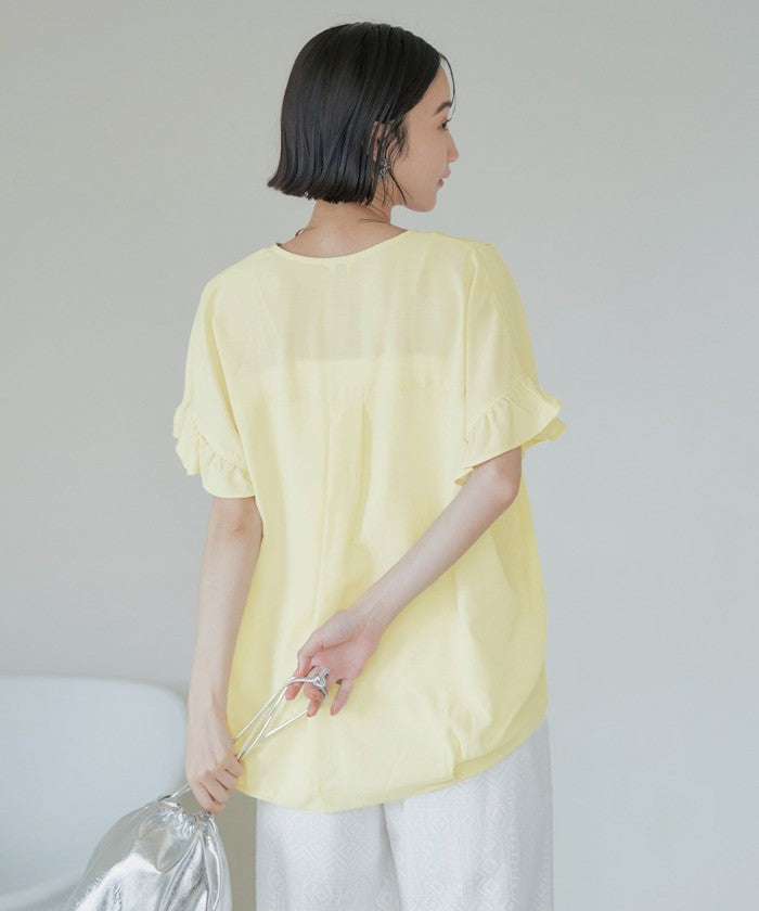 【接触冷感】袖フリルスキッパーブラウス OFF WHITE