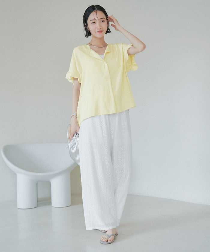 【接触冷感】袖フリルスキッパーブラウス OFF WHITE