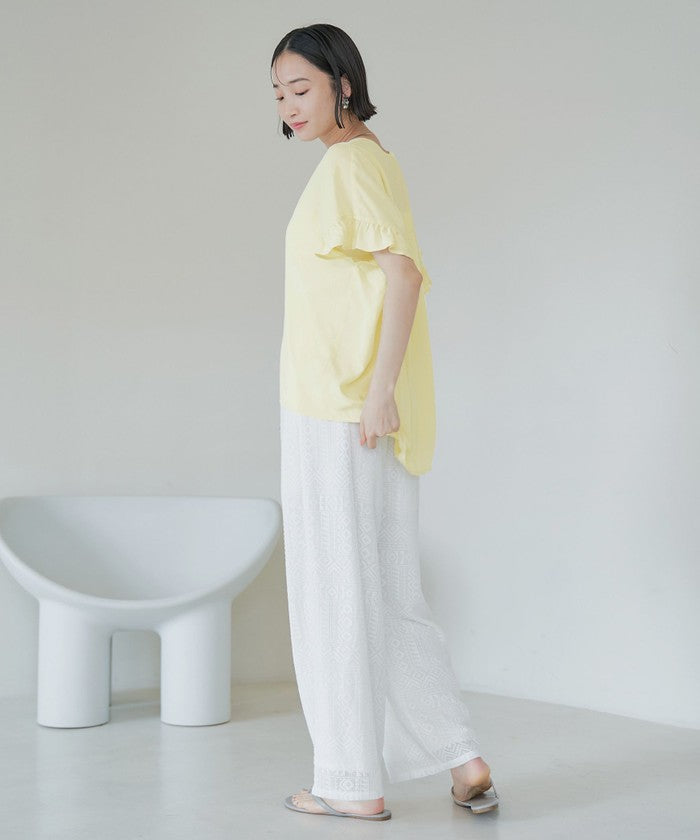 【接触冷感】袖フリルスキッパーブラウス OFF WHITE