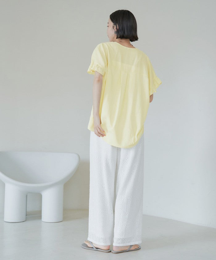 【接触冷感】袖フリルスキッパーブラウス OFF WHITE