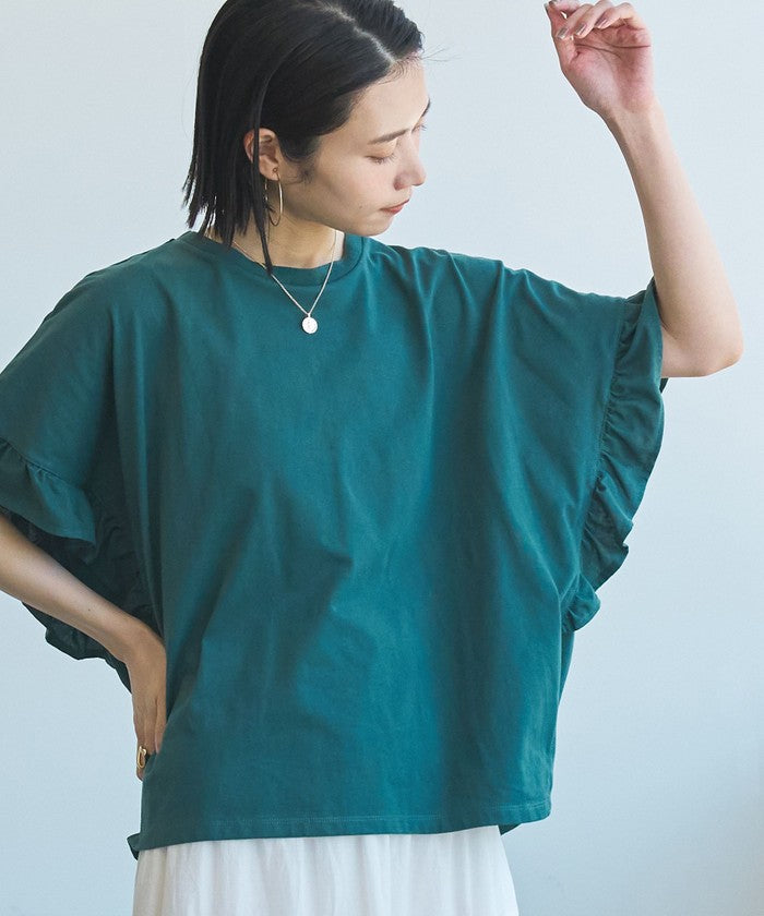 エマール検証済み【UVカット・接触冷感】WELLTECT USAコットン フリルスリーブプルオーバー KELLY