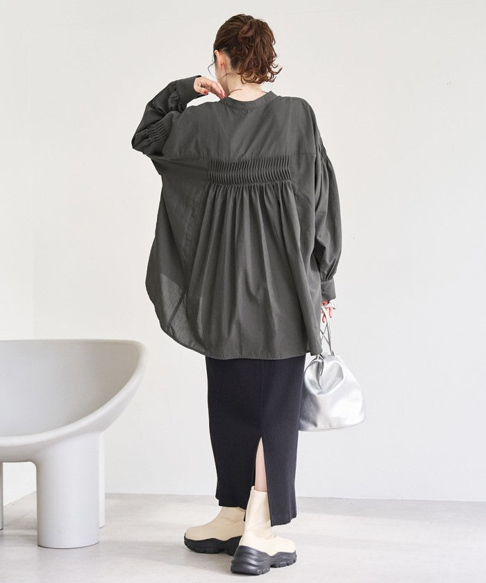 ピンタックバンドカラーブラウス DK.GRAY