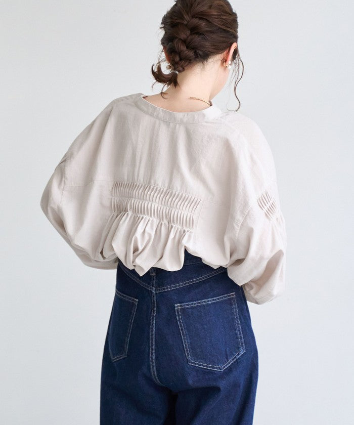 ピンタックバンドカラーブラウス DK.GRAY