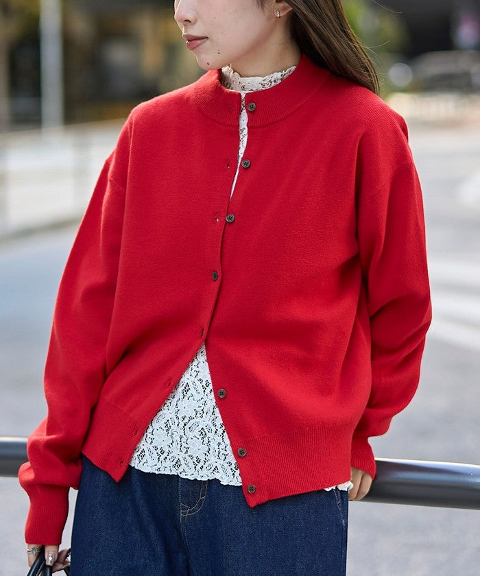 モチモチモックネックニットカーディガン RED