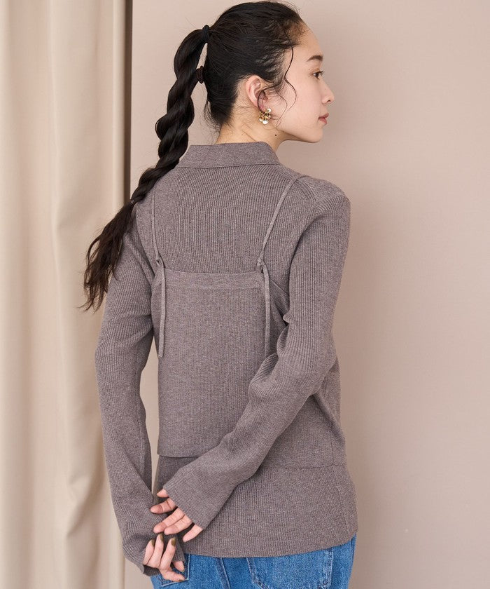 ウール混 襟付きリブニットカーディガン DK.BROWN