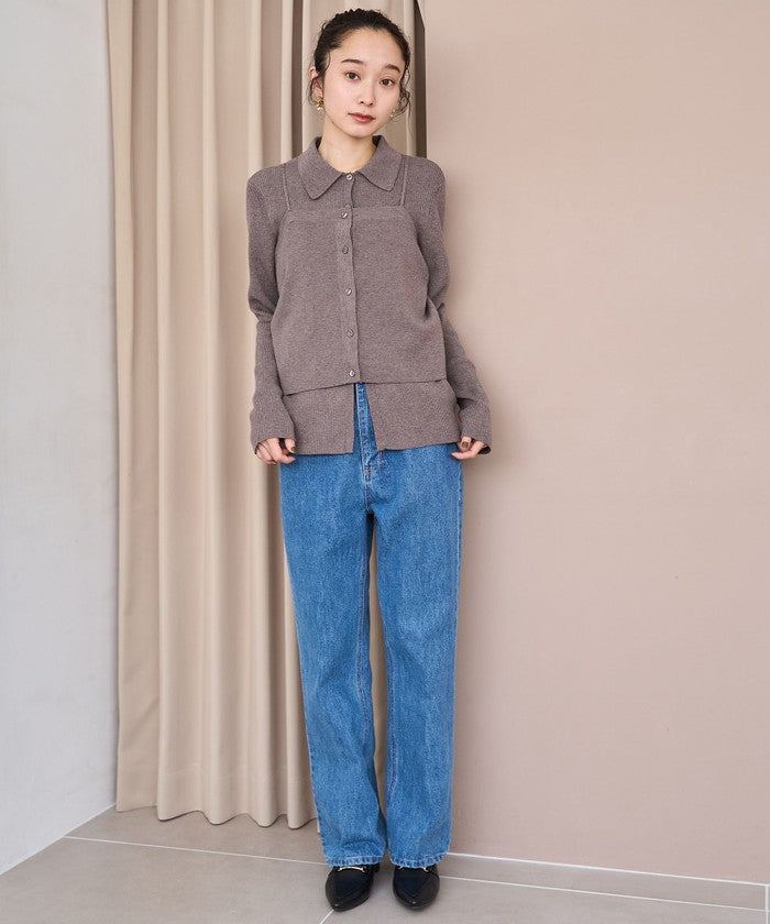 ウール混 襟付きリブニットカーディガン DK.BROWN