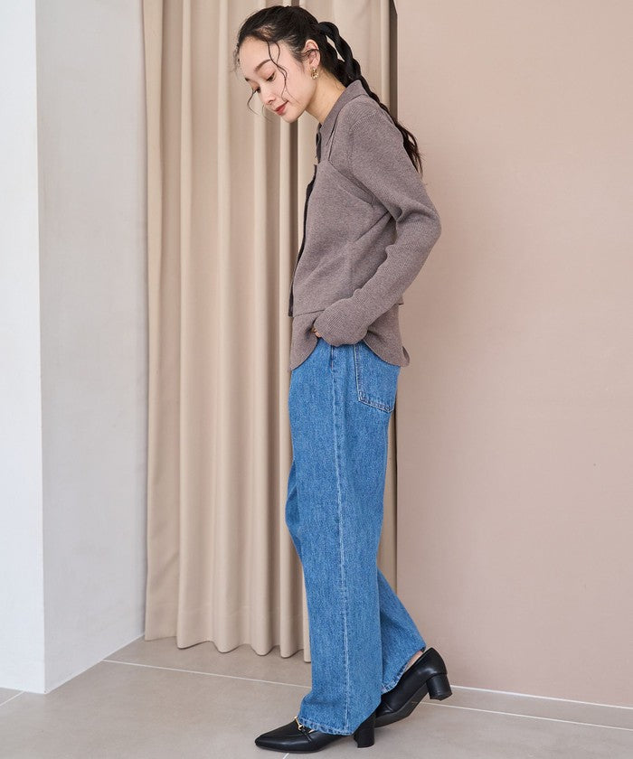 ウール混 襟付きリブニットカーディガン DK.BROWN