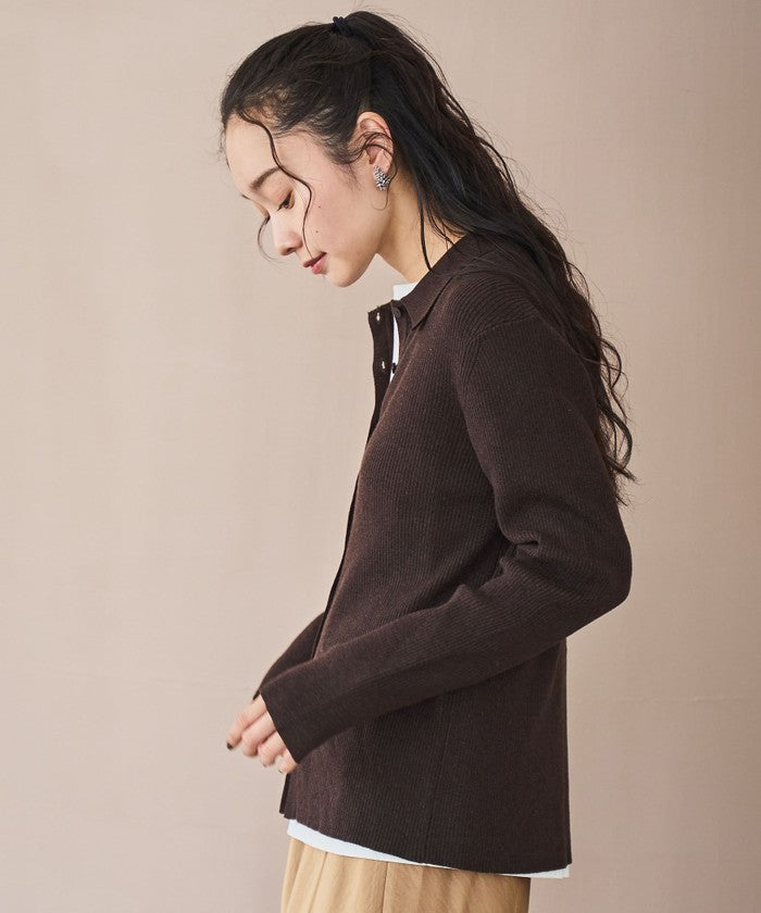 ウール混 襟付きリブニットカーディガン DK.BROWN