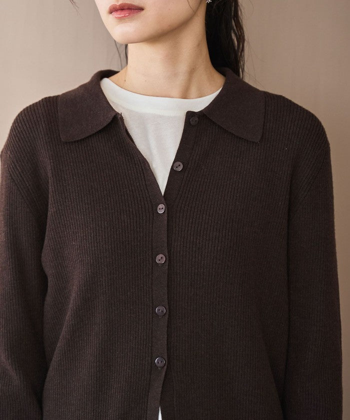 ウール混 襟付きリブニットカーディガン DK.BROWN