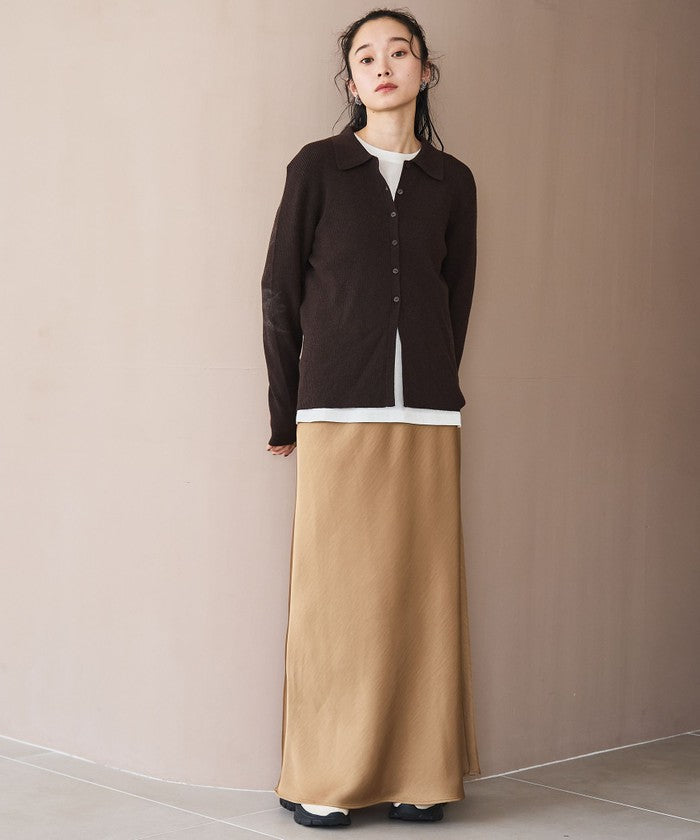 ウール混 襟付きリブニットカーディガン DK.BROWN