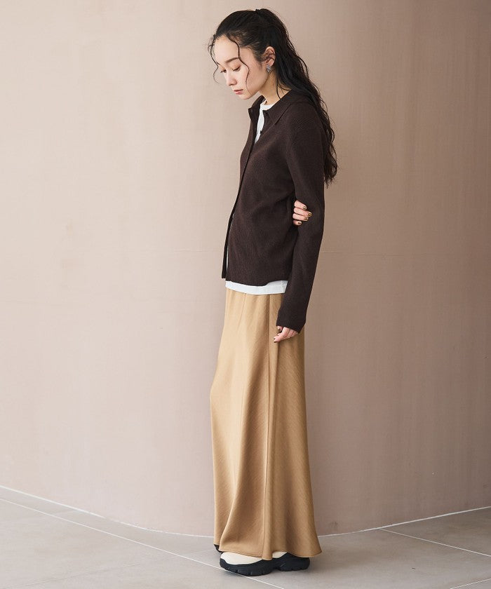 ウール混 襟付きリブニットカーディガン DK.BROWN