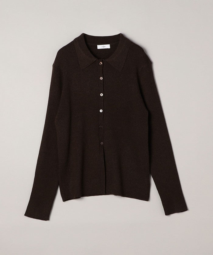 ウール混 襟付きリブニットカーディガン DK.BROWN