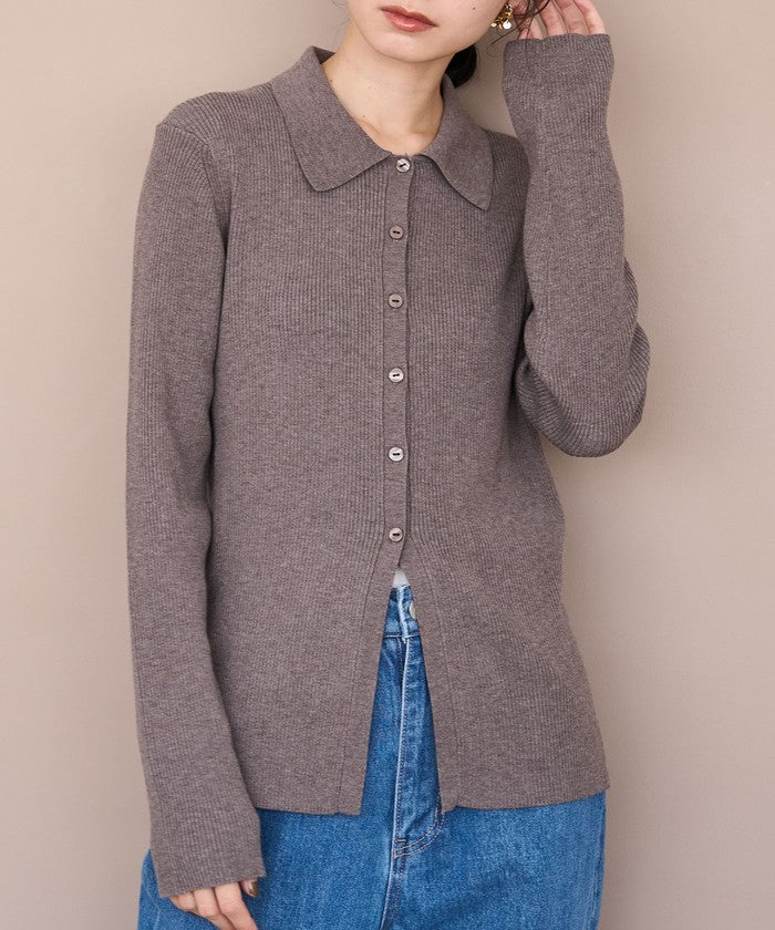 ウール混 襟付きリブニットカーディガン MOCA