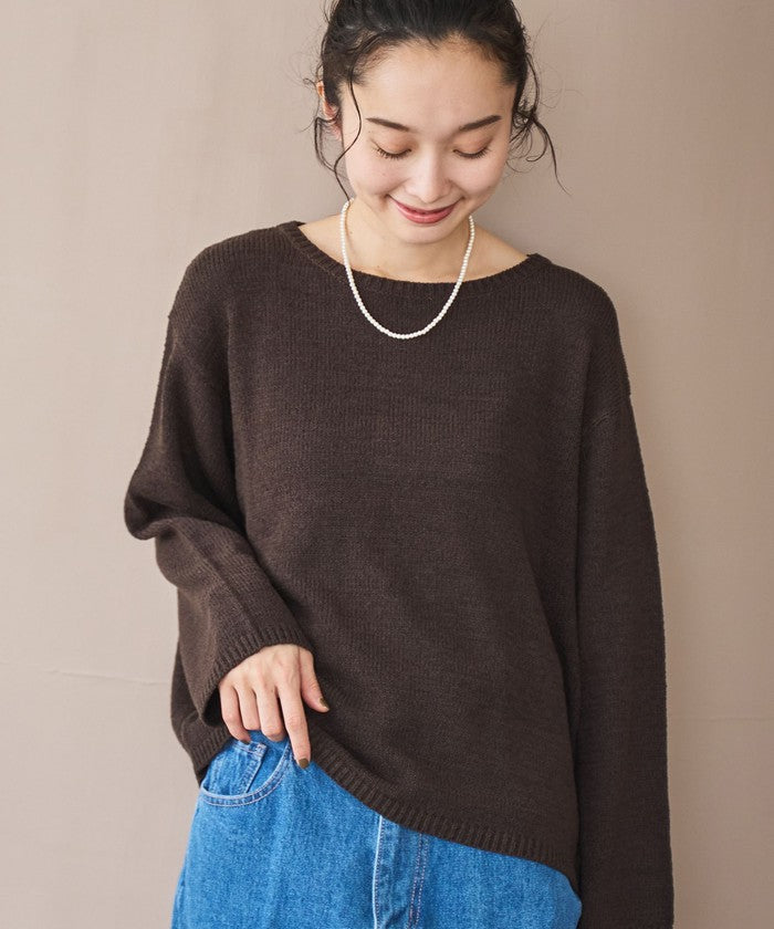 テープヤーンボートネックニットプルオーバー DK.BROWN