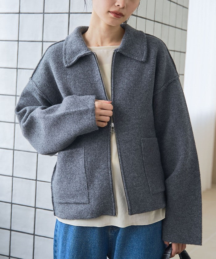 襟付きダブルジップニットジャケット DK.GRAY
