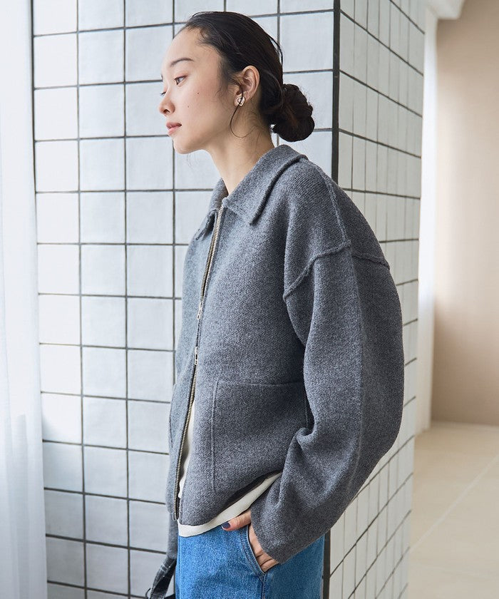 襟付きダブルジップニットジャケット DK.GRAY