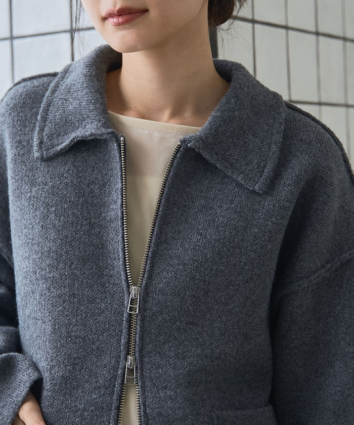 襟付きダブルジップニットジャケット DK.GRAY