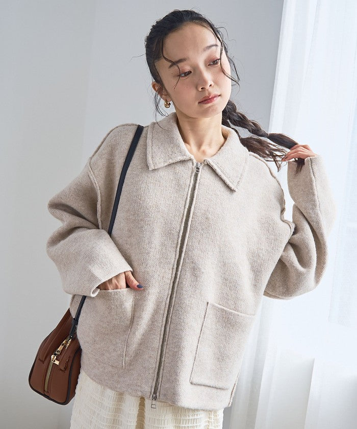 襟付きダブルジップニットジャケット DK.GRAY