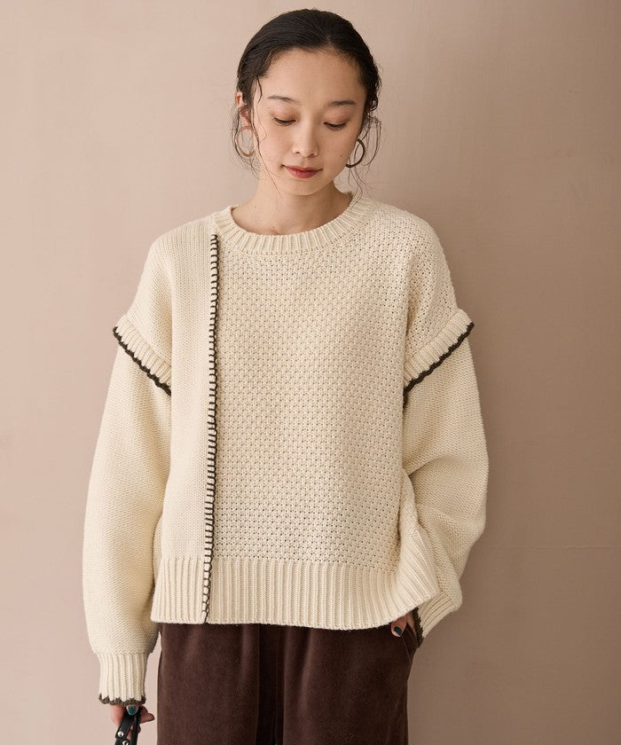 配色ステッチパッチワークニット BLACK