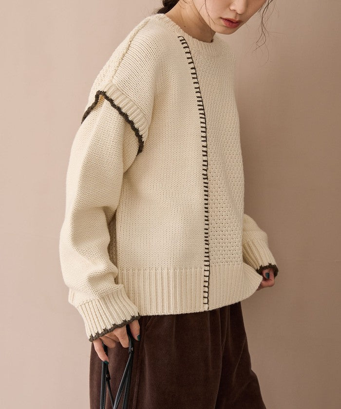 配色ステッチパッチワークニット BLACK