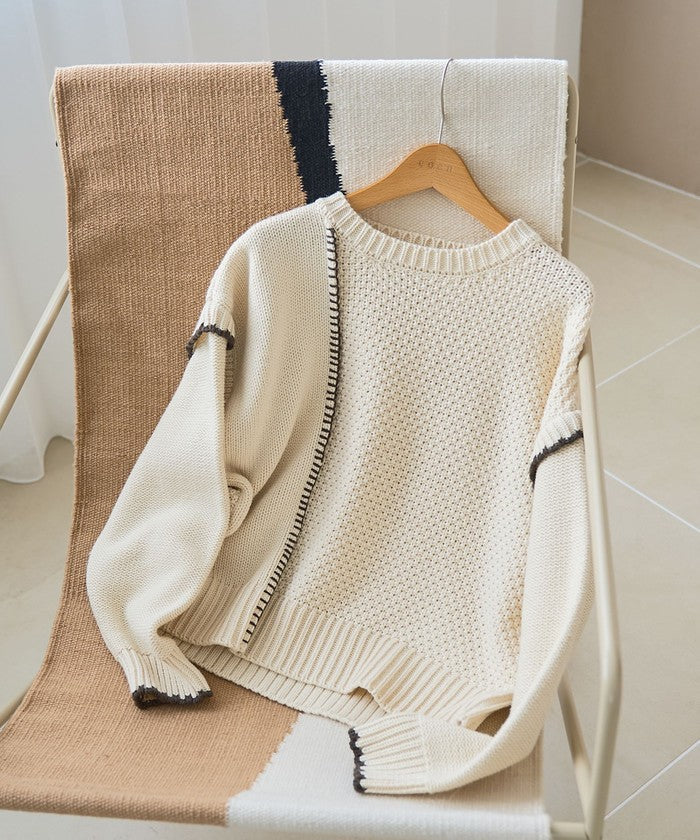 配色ステッチパッチワークニット BLACK