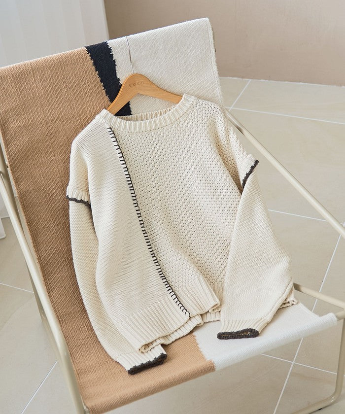 配色ステッチパッチワークニット BLACK