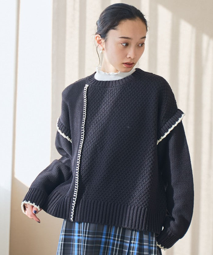 配色ステッチパッチワークニット BLACK