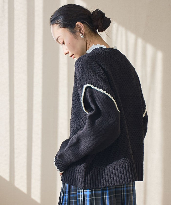 配色ステッチパッチワークニット BLACK