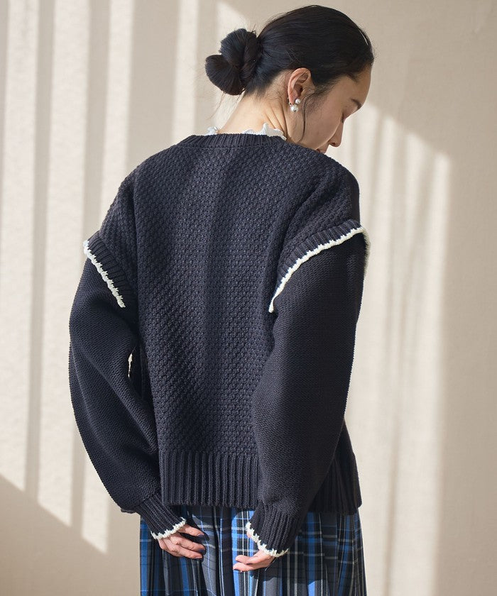 配色ステッチパッチワークニット BLACK