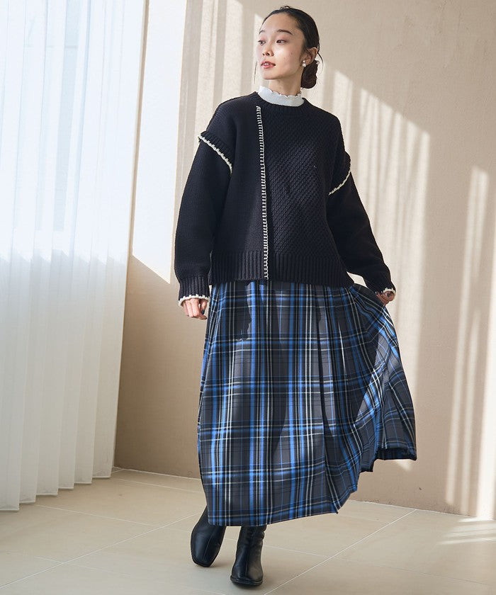 配色ステッチパッチワークニット BLACK