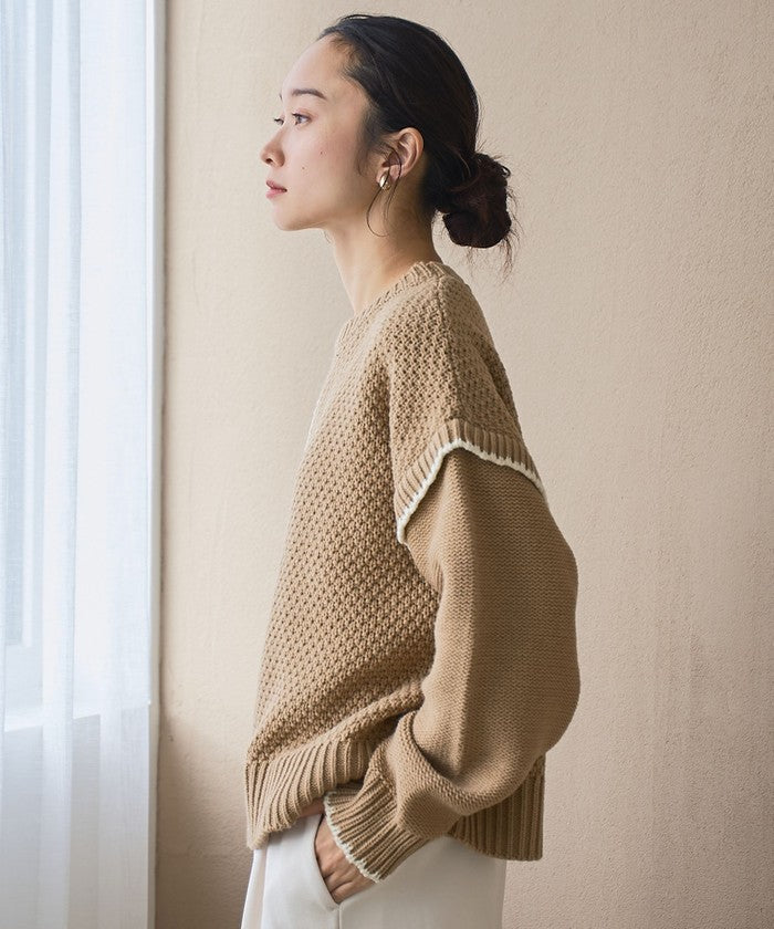 配色ステッチパッチワークニット BLACK