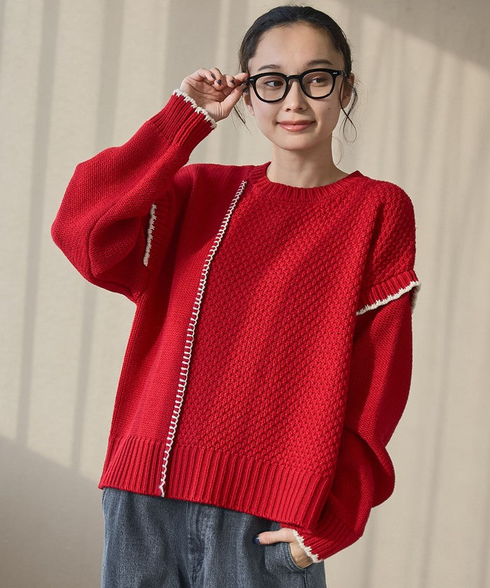 配色ステッチパッチワークニット BLACK