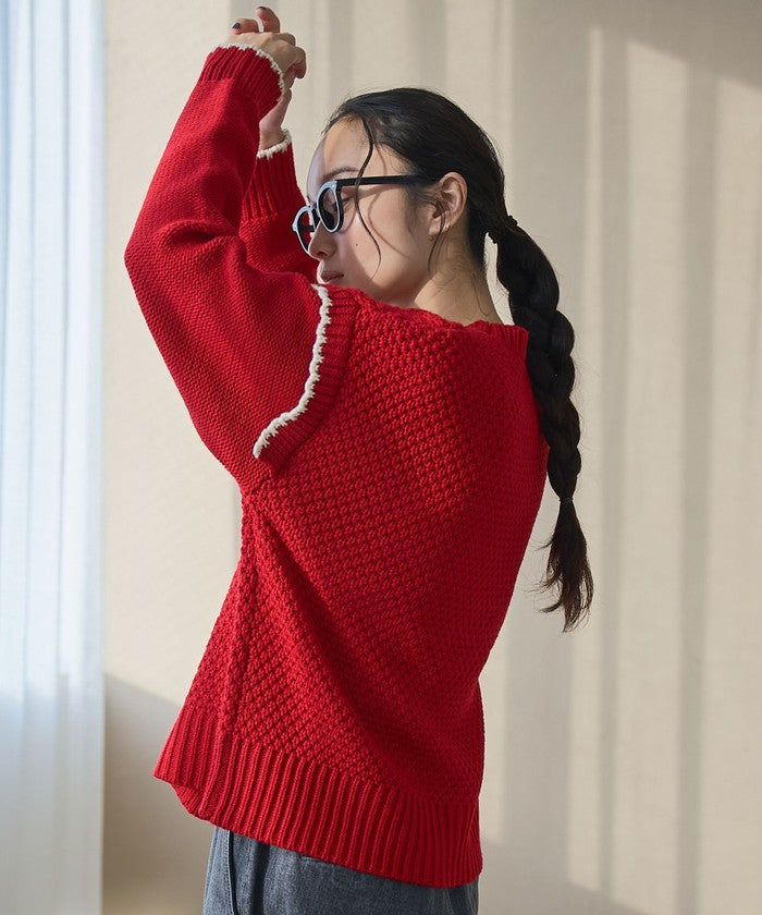 配色ステッチパッチワークニット BLACK