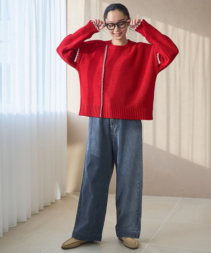 配色ステッチパッチワークニット BLACK