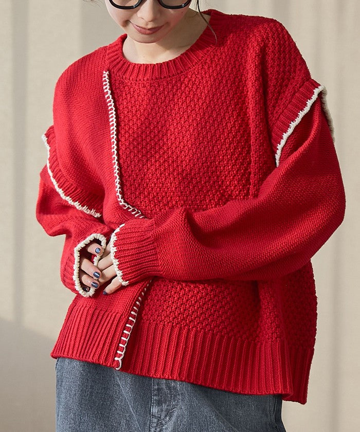 配色ステッチパッチワークニット RED