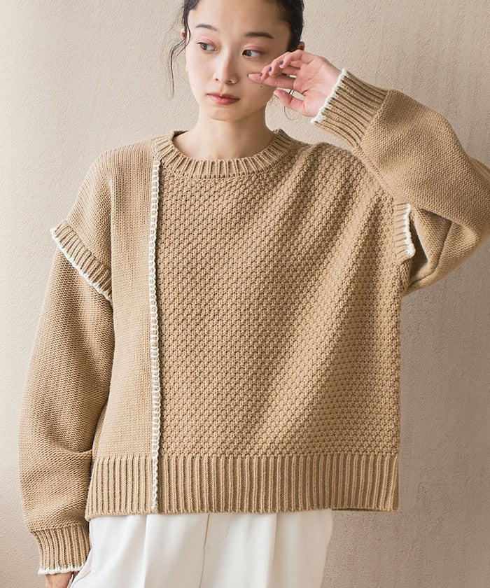 配色ステッチパッチワークニット BEIGE