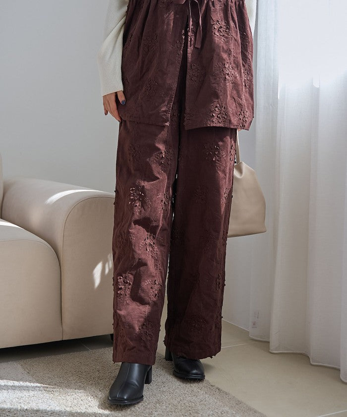 3Dフラワー刺繍 コーデュロイイージーワイドパンツ BLACK