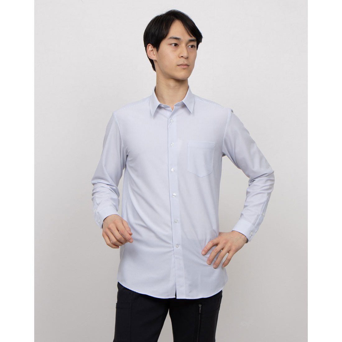 コムサイズム COMME CA ISM ポリエステル トリコット ストライプ ドレスシャツ