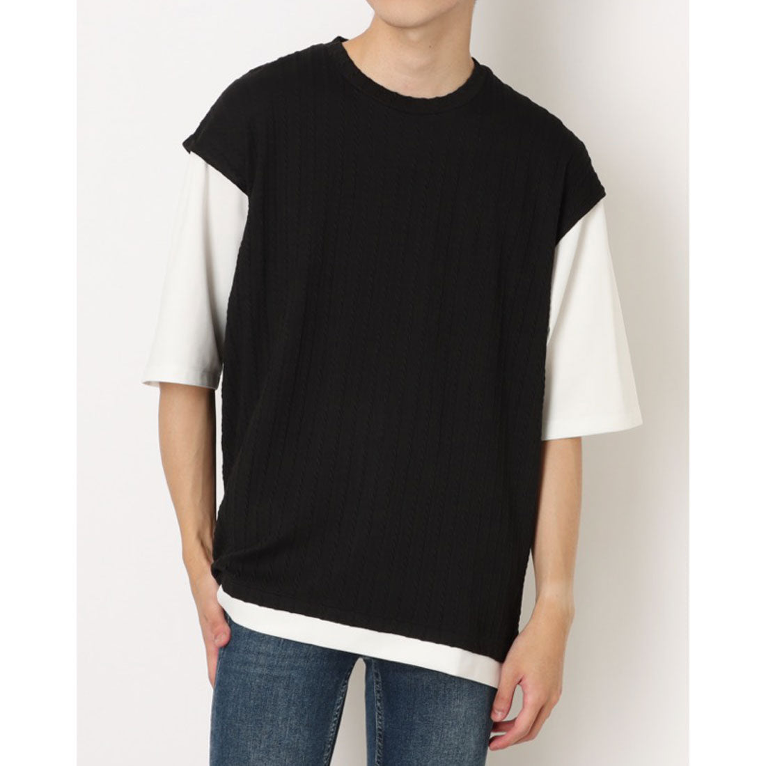 コムサイズム COMME CA ISM ケーブル柄 ベスト フェイクレイヤードTシャツ （ブラック） ブラック