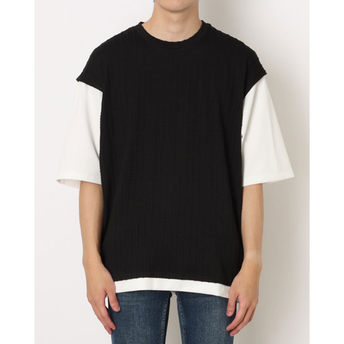 コムサイズム COMME CA ISM ケーブル柄 ベスト フェイクレイヤードTシャツ （ブラック） ブラック