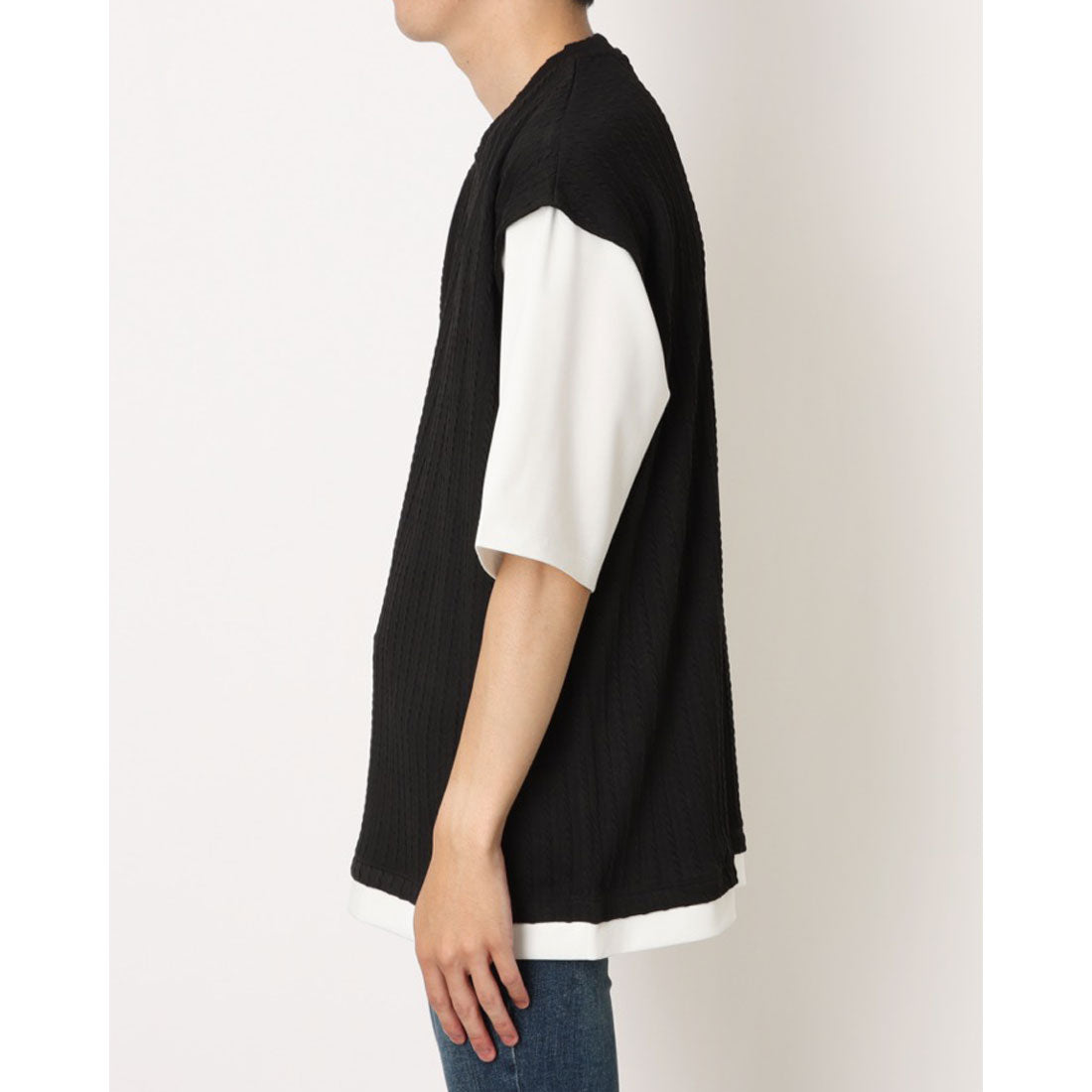 コムサイズム COMME CA ISM ケーブル柄 ベスト フェイクレイヤードTシャツ （ブラック） ブラック